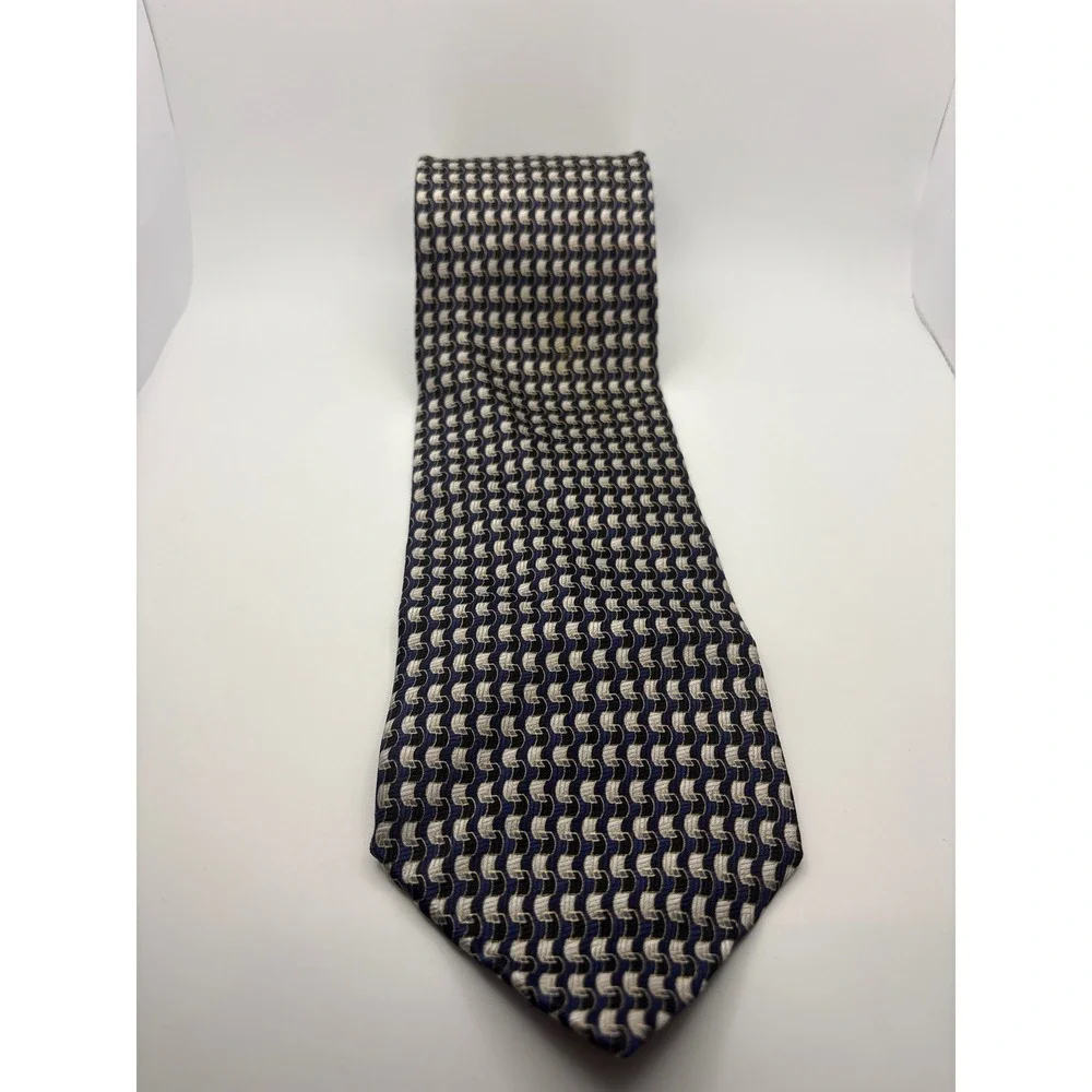 Di Capri Mens Silk Tie Navy Blue Silver Geometric Wavy Pattern Hand Made 4 Inch